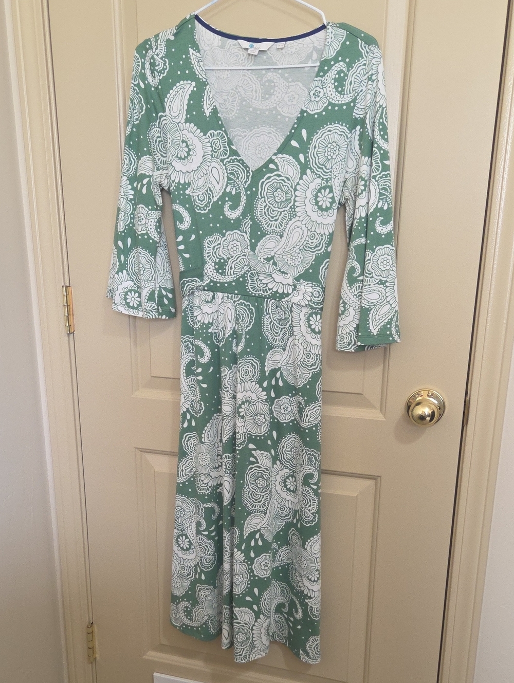 Boden Green and White Paisley Wrap-Style Maxi Dress